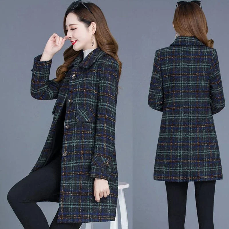 Autumn Winter Women Plaid Mid Long Coat Casual Plus Size 5XL Jacket Fashion Single-Breasted Outerwear Warm Female Woolen Coats