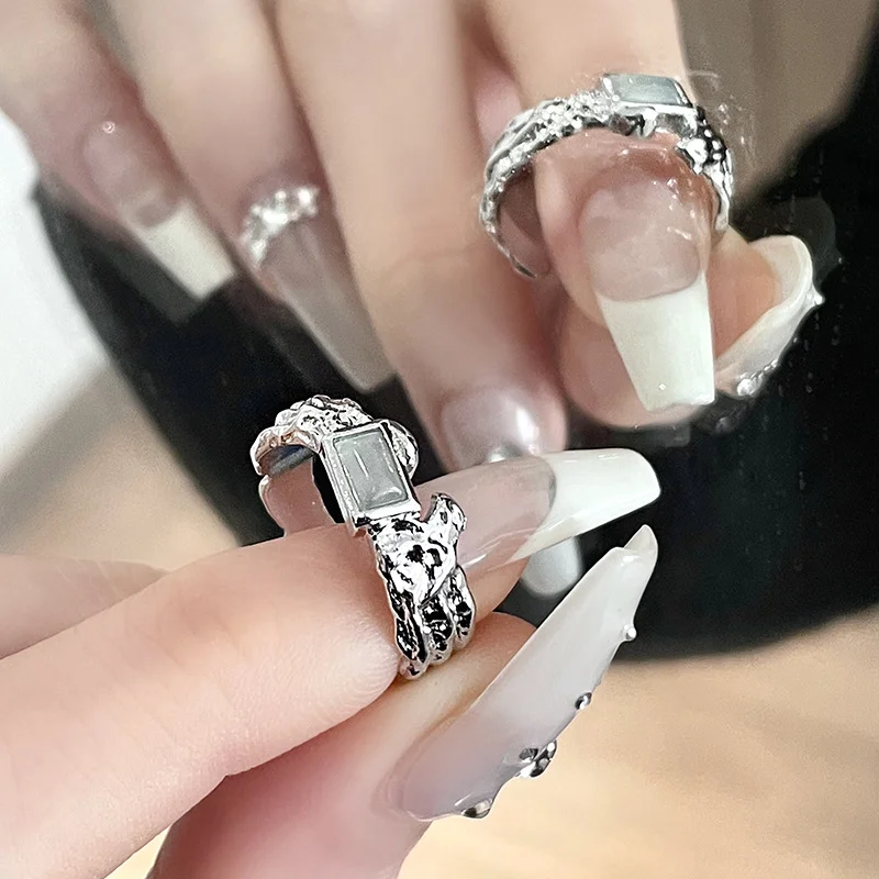 Moonstone opening ring female French irregular texture personality niche design sense advanced sense ring