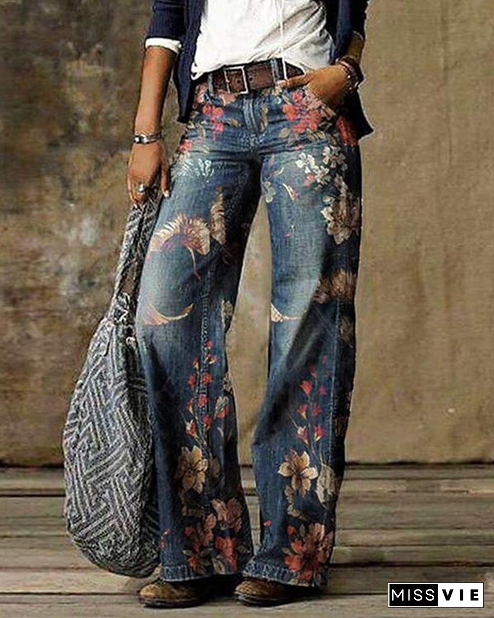 Blue Floral Casual Print Pants