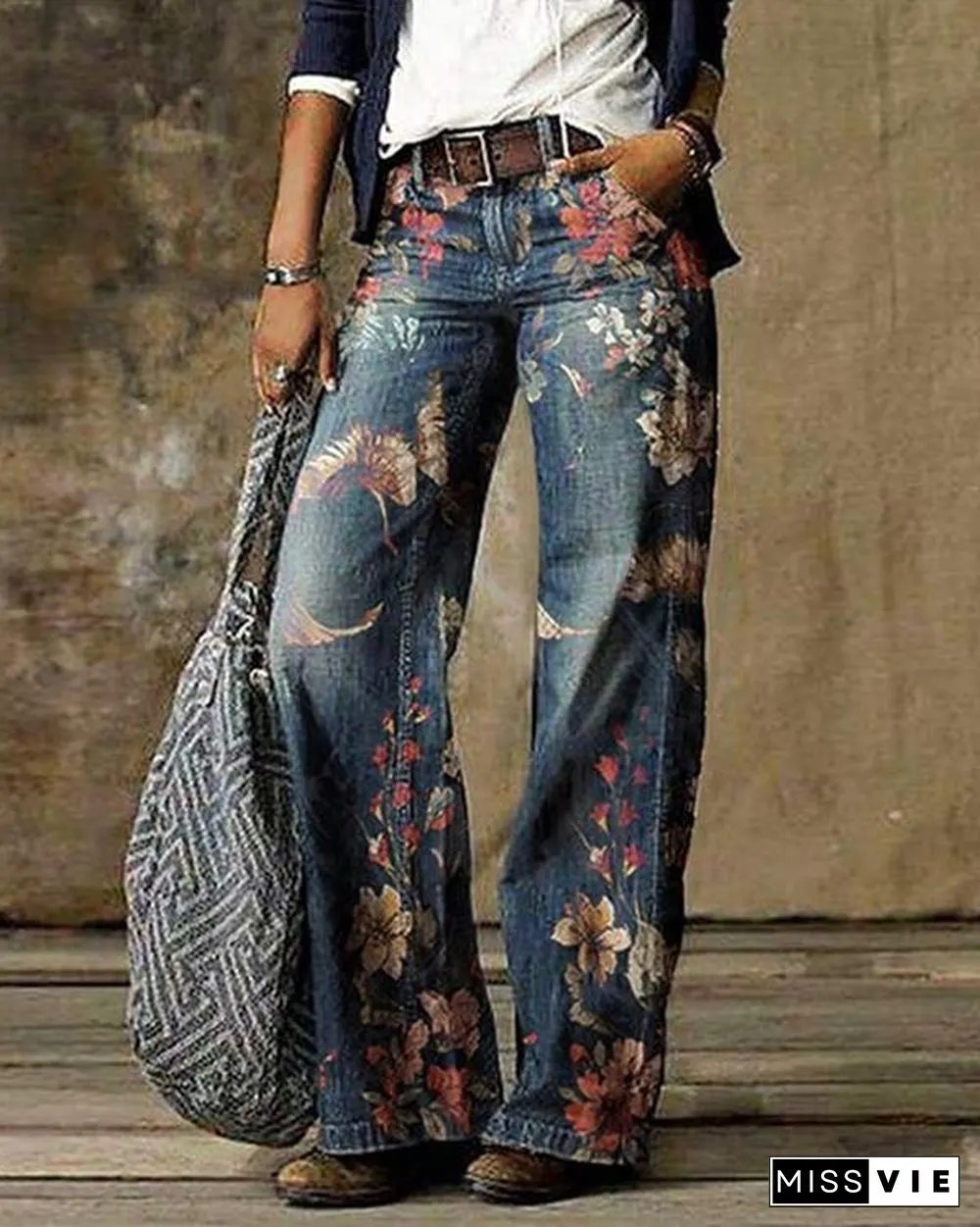 Blue Floral Casual Print Pants