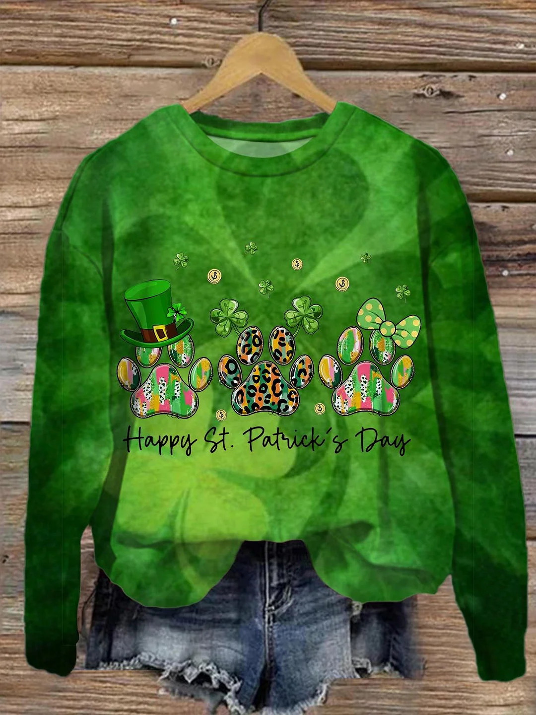 Dog St Patricks Shamrock Printed Long Sleeve Casual Top
