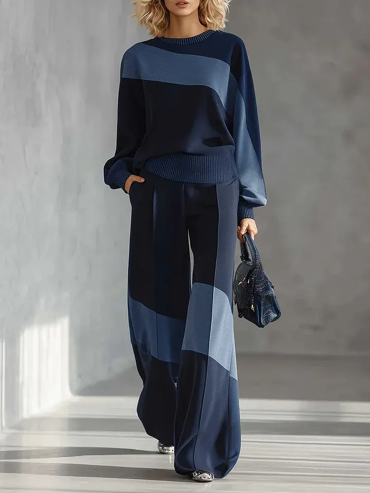 Women's Color-block Round Neck Long-sleeved Casual Loose Wide-leg Pants Knitted Set