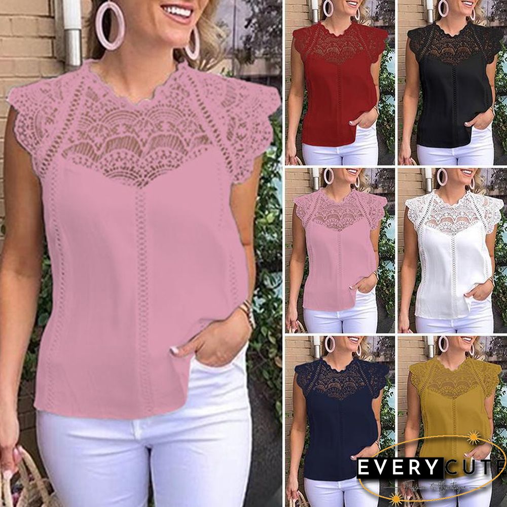 Women Blouse Sexy Sleeveless Lace OL Office Ladies Shirt Hollow Party Tops