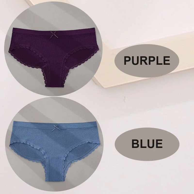 FINETOO 2PCS/Set M-2XL Women Seamless Sexy Panties Cute Bownot 6 Solid Color Girl Underwear Briefs Lingerie Underpant Lace Panty