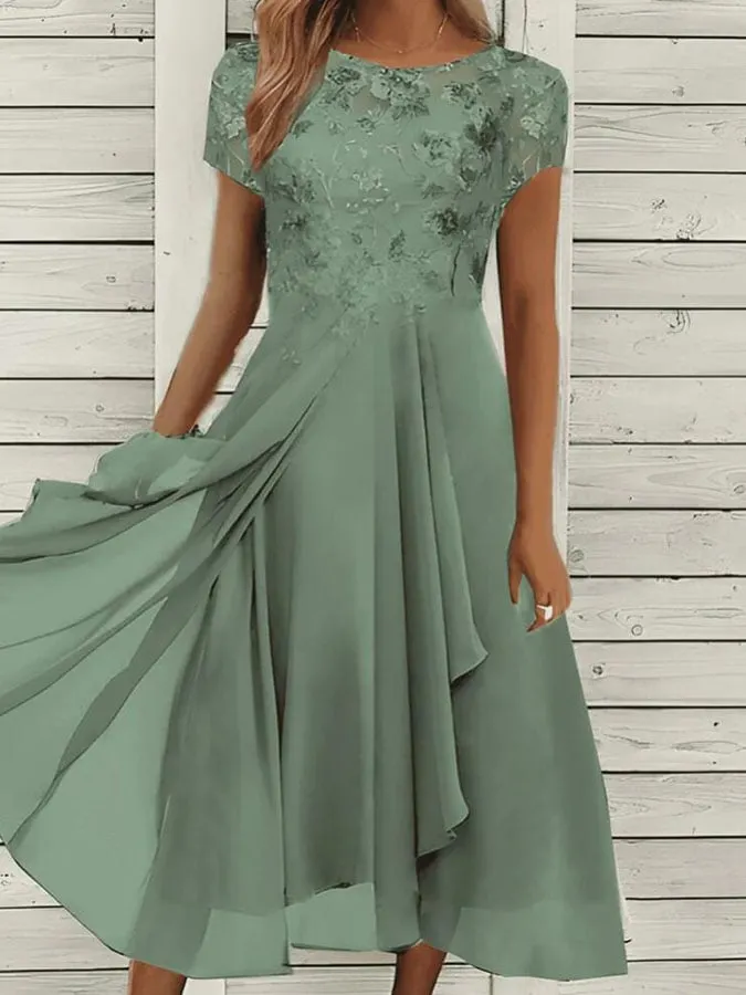 Women's Woven Maxi Dress with Round Neck and Waist Tie