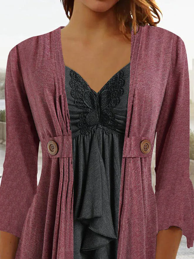 Women 3/4 Sleeve V-neck Lace Fake Two-Piece Top