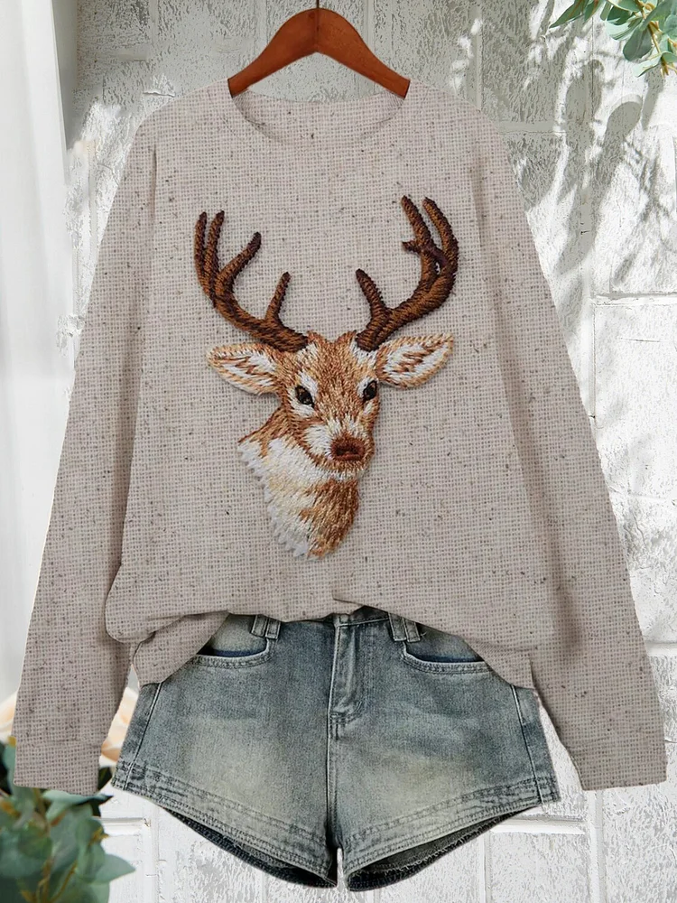 Women's Embroidered Reindeer Casual Sweatshirt