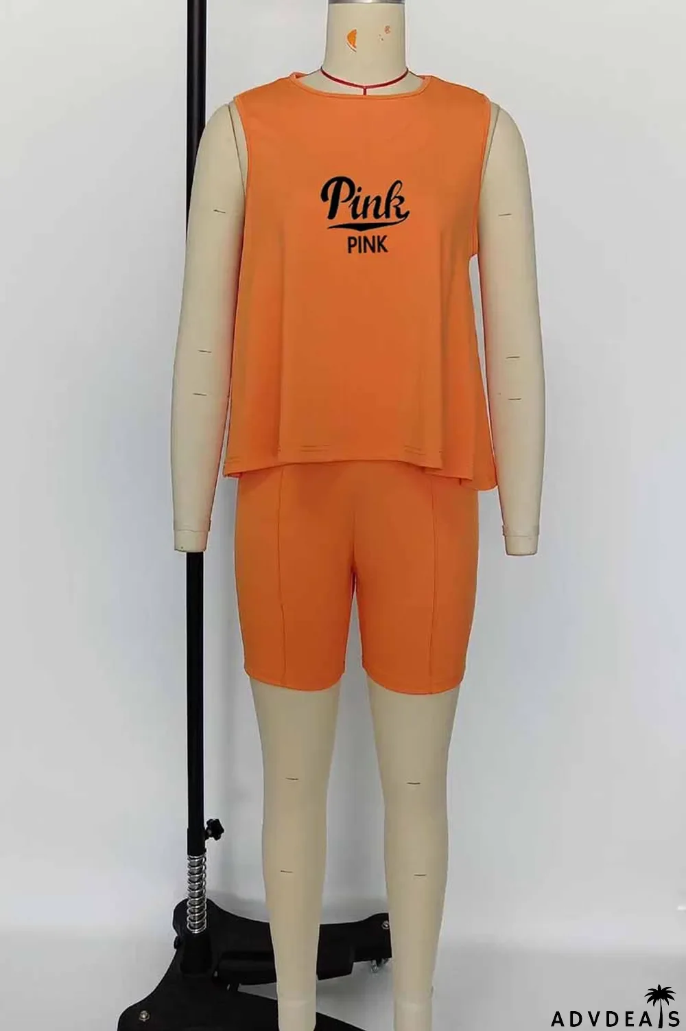 Orange Casual Print Letter O Neck Sleeveless Two Pieces