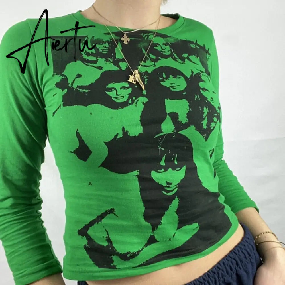 Summer Long Sleeve Crop Top Green Women Print Sexy T Shirts Basic Streetwear Casual Tops Shirt Vintage Fashion Aiertu