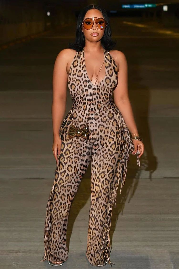 Leopard Print Deep U Halter Neck Fringe Party Jumpsuit-Red