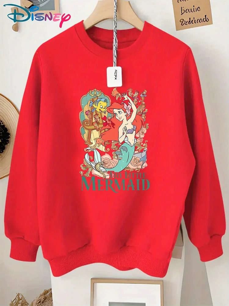 Women's Casual Long-Sleeve Crewneck Sweatshirt With Ariel & Flounder Print - "The Little Mermaid" Design, Machine Washable, Loose Fit For Everyday & Party Wear, Party Wear | Cartoon Print Top | Machine Washable To