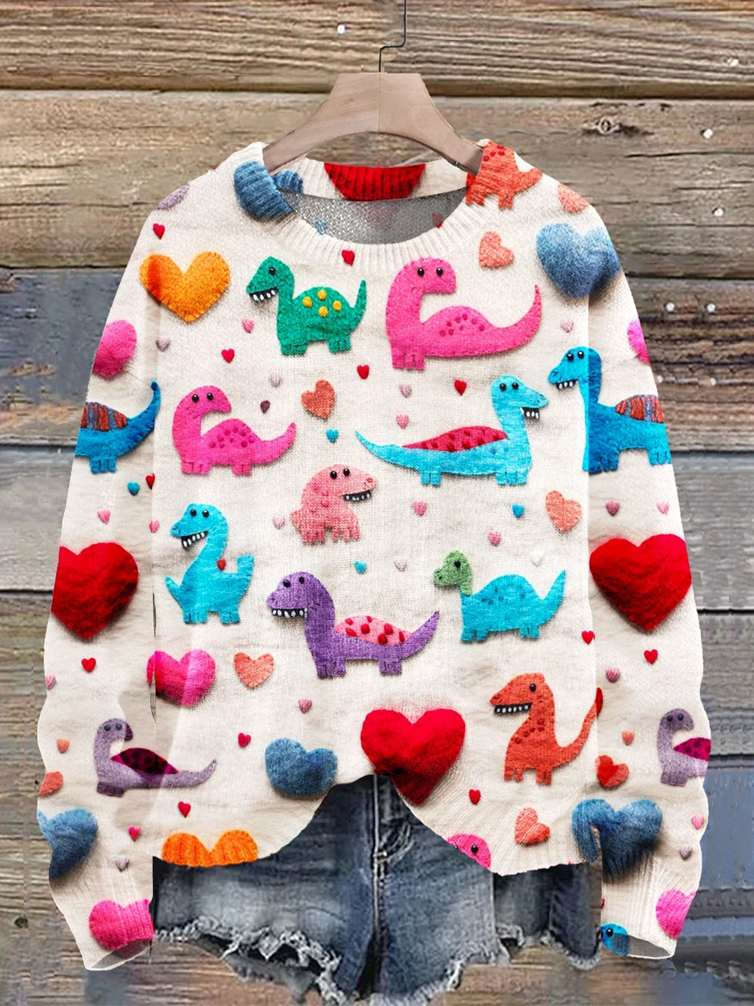 Cute Valentine's Day Dinosaurs Seamless Pattern Print Knit Pullover Sweater
