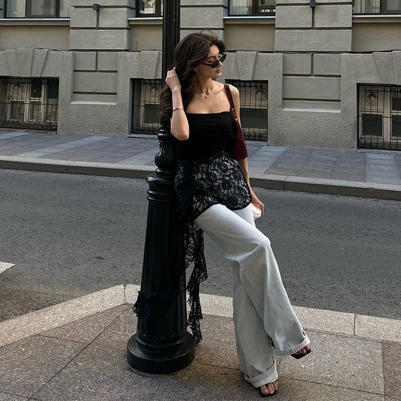 Toloer Toloer Women's Wear 2024 Summer Street Design Feel Wipe Chest Sexy Lace Ribbon Slim Wear Top-Outfit Ideas