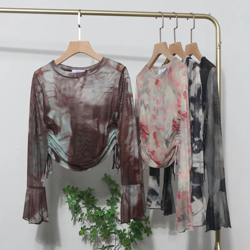 Churchf Sunscreen Not Sultry Hot Tie Dye Net Yarn Long-Sleeved T-Shirt Drawstring Tethered With Short-Sized T-Shirt Horn Sleeve Top 8929
