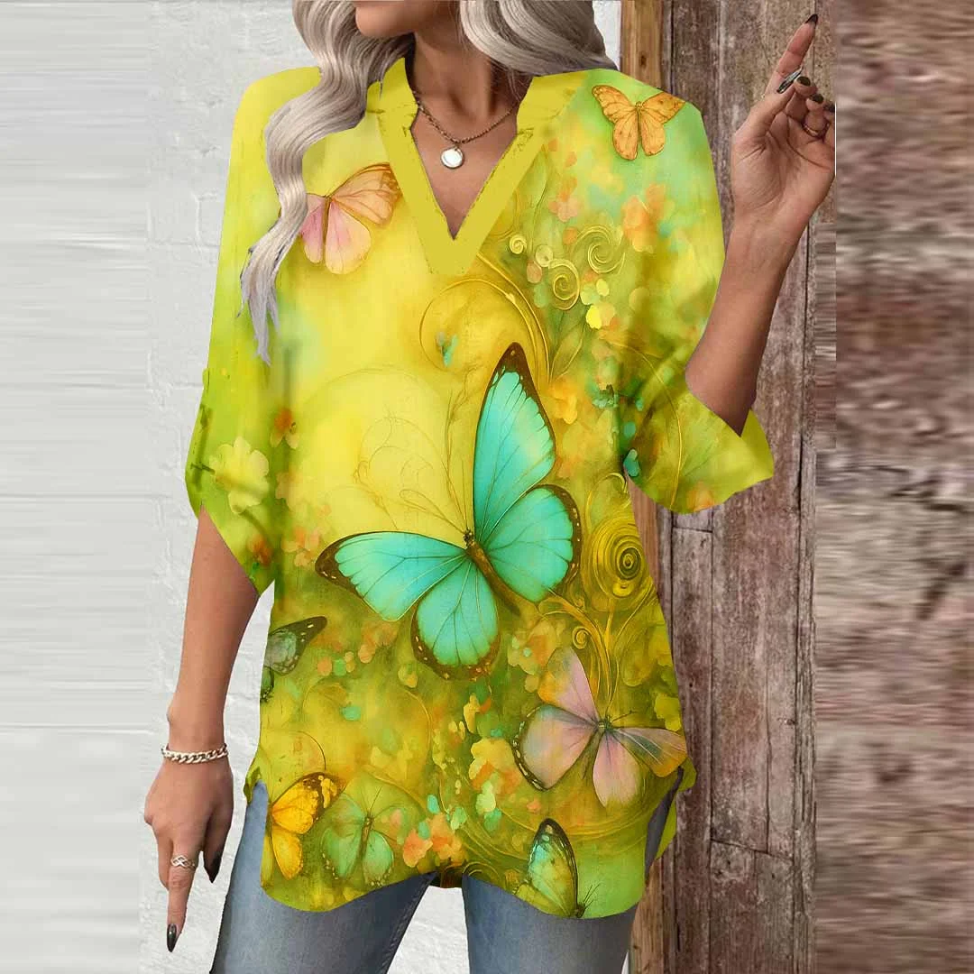 Women Butterfly,Yellow,Green DZGA0739 3/4 Sleeve V-neck Printed Graphic Button Tops