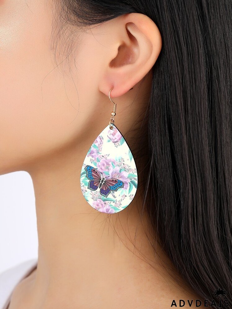 Floral & Butterfly Print Water Drop Earrings