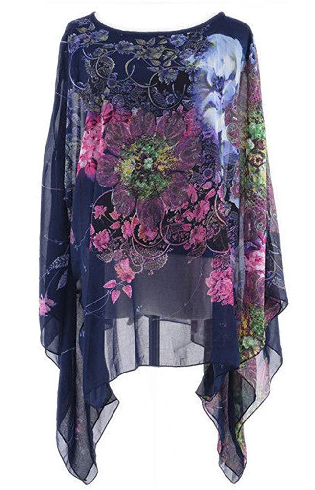 Women's Loose Batwing Sleeve Tops Flower Bohemian Chiffon Blouse T Shirt Tops