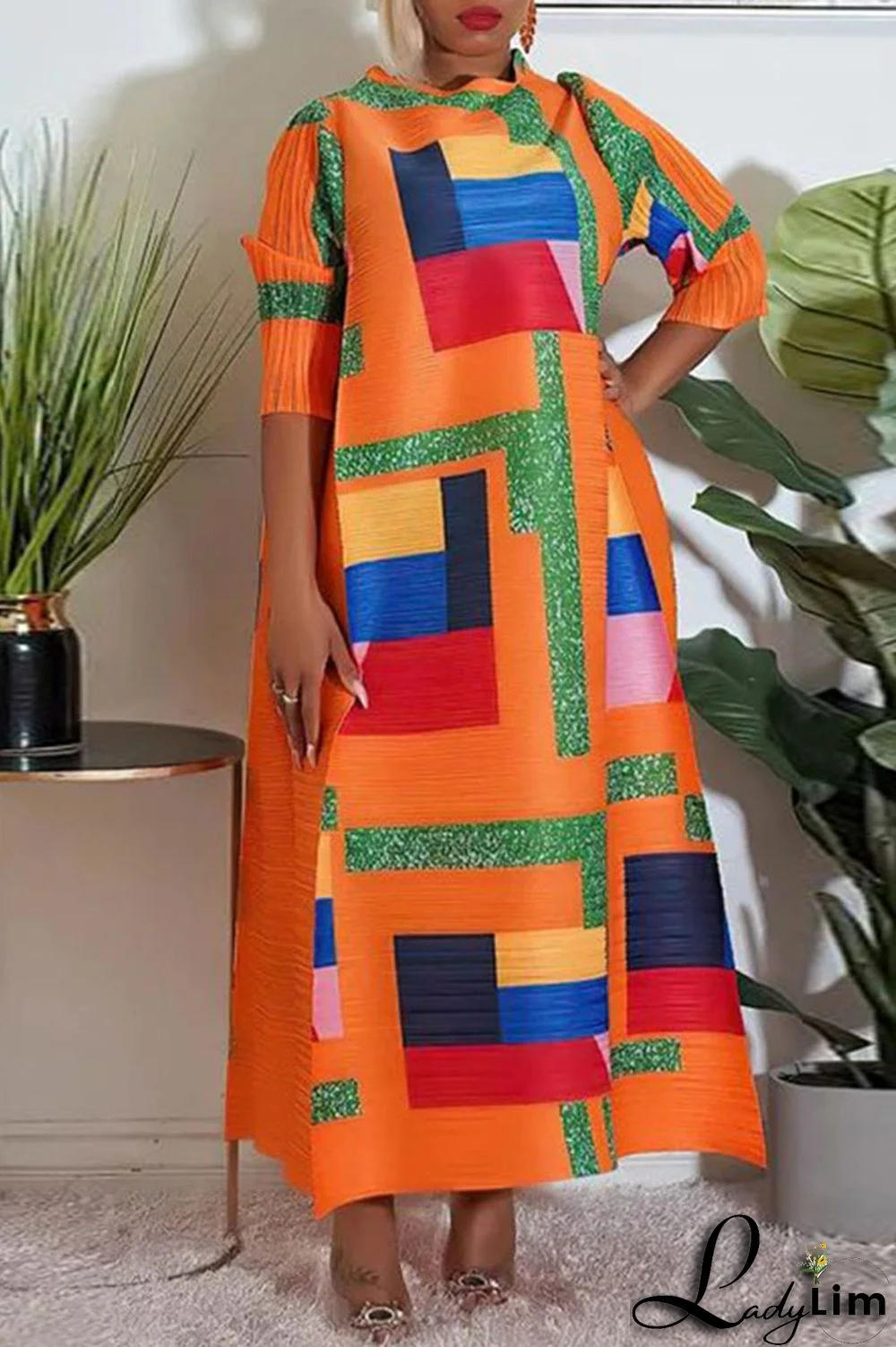 Light Coffee Street Geometric Print Patchwork O Neck Long Dress Dresses