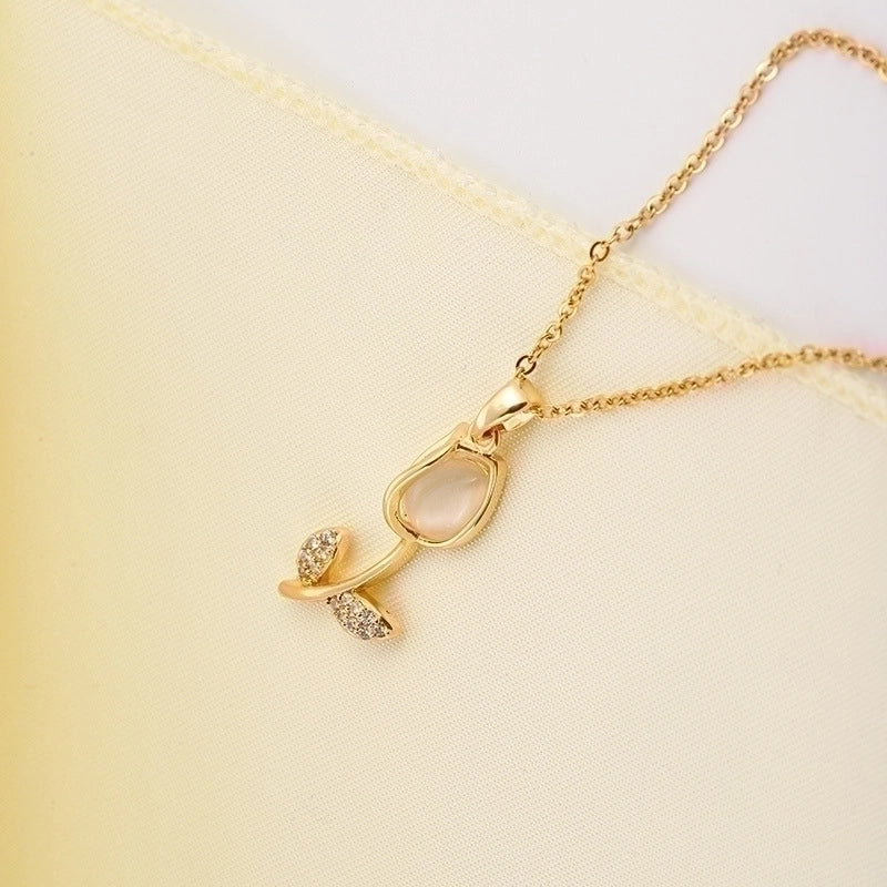 Casual Minimalist Tulip Titanium Steel Inlay Opal Zircon Pendant Necklace
