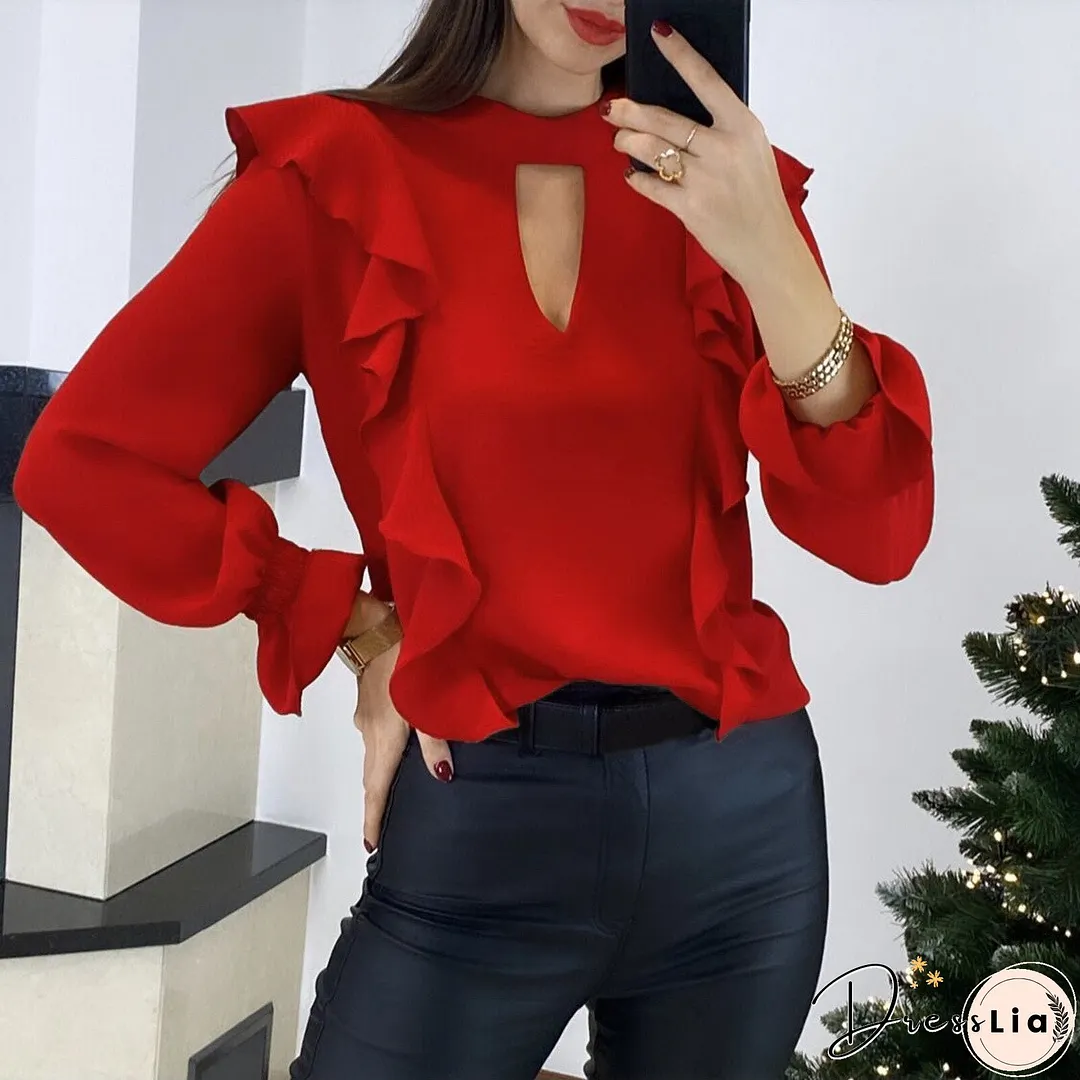Fashion Hollow Out Long Sleeve Women Tops And Blouses Autumn Green Top Femme Ruffles Woman Shirts Blouses Femme Blouse