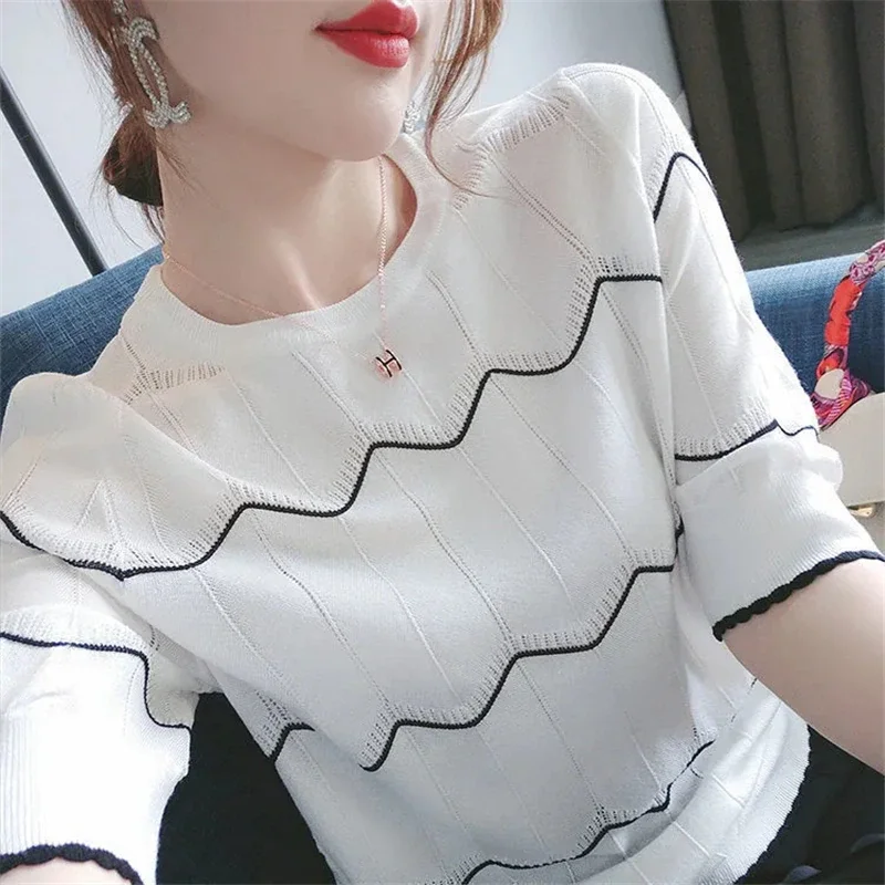 Woherb Fashion Ice Silk Knitwear Pullover Sweater Women's New Light T-shirt 2020 Stripe Splicing Women Top Short Sleeve T-shirt