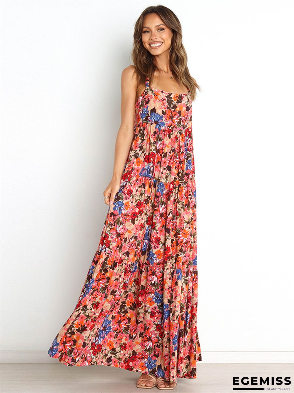 Casual Style Sling Sleeveless Large Swing Printed Dress | EGEMISS
