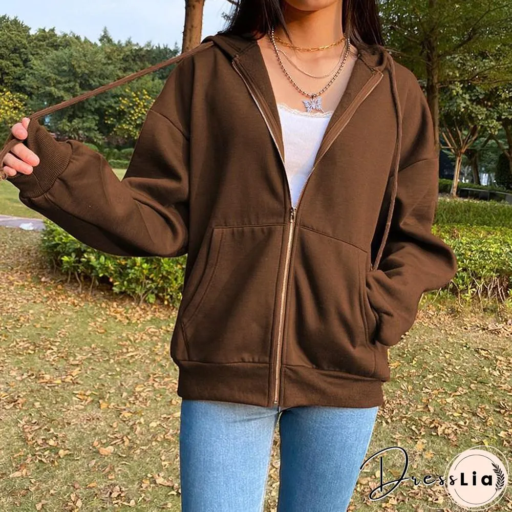 Vintage Sweatshirt Women Fashion Long Sleeve Zip Up Hoodies Oversized Printed Thick Jacket Female Clothing Harajuku Pullover New