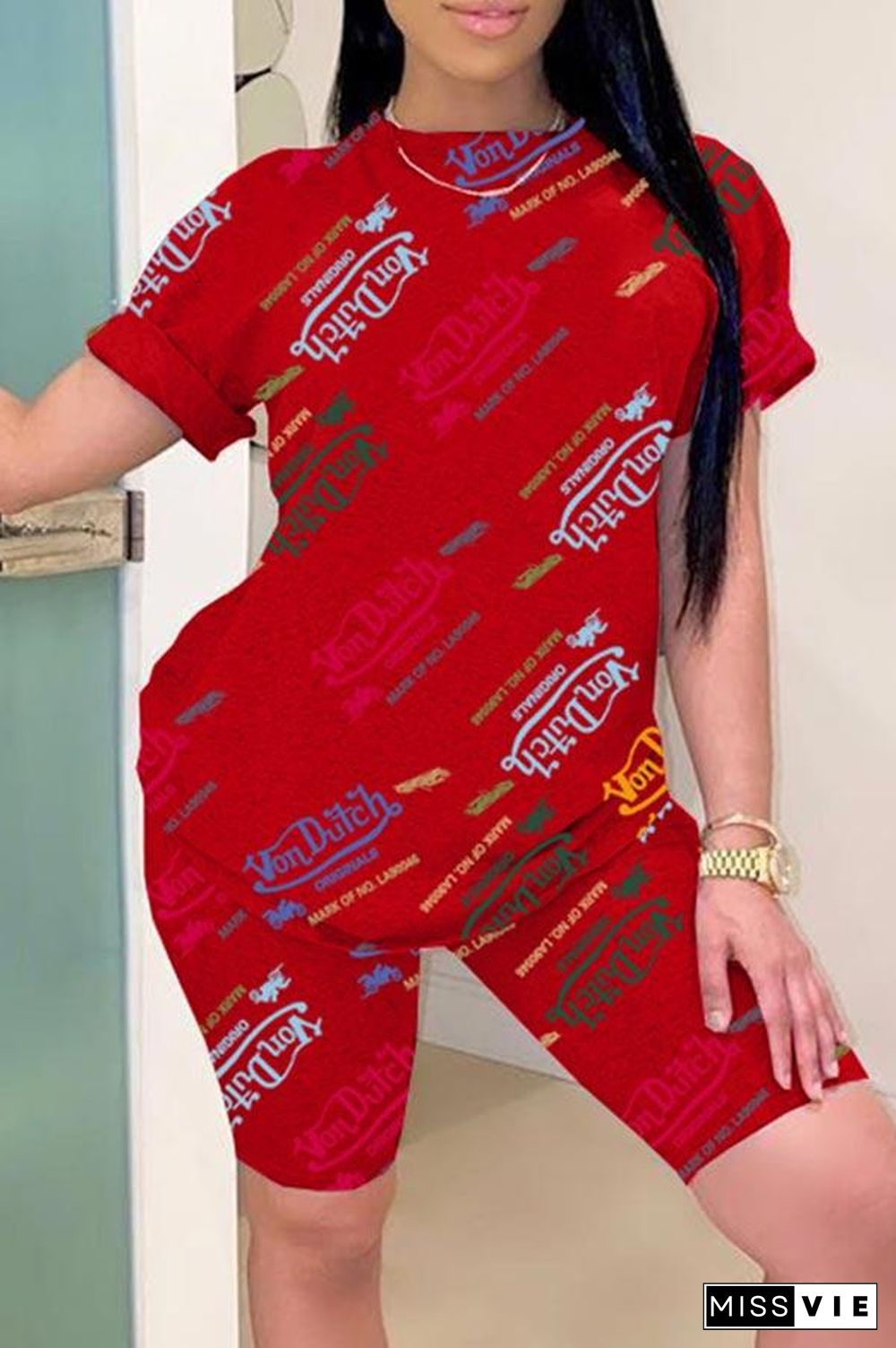 Casual Loose Print Round Neck Shorts Set