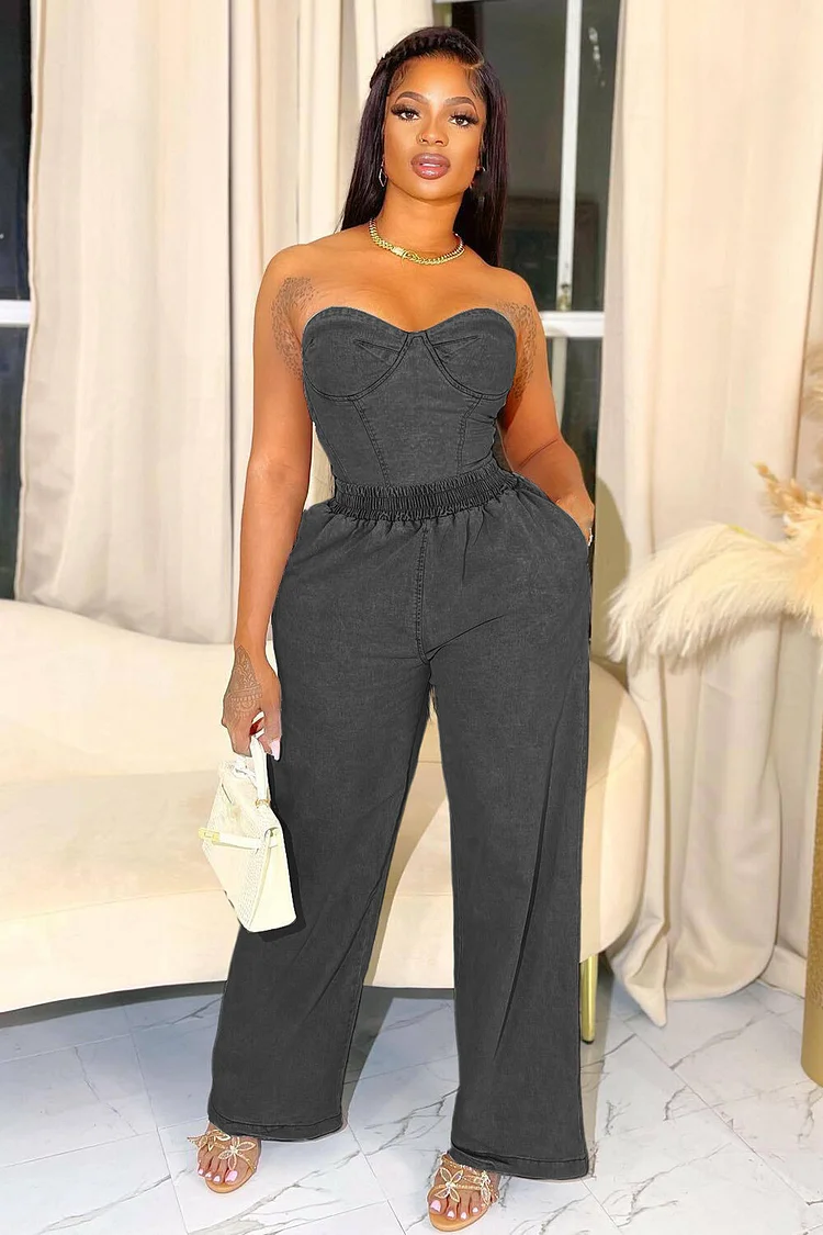 Denim Strapless Crop Top Elastic Waist Wide Leg Jeans 2pcs Set-Blue