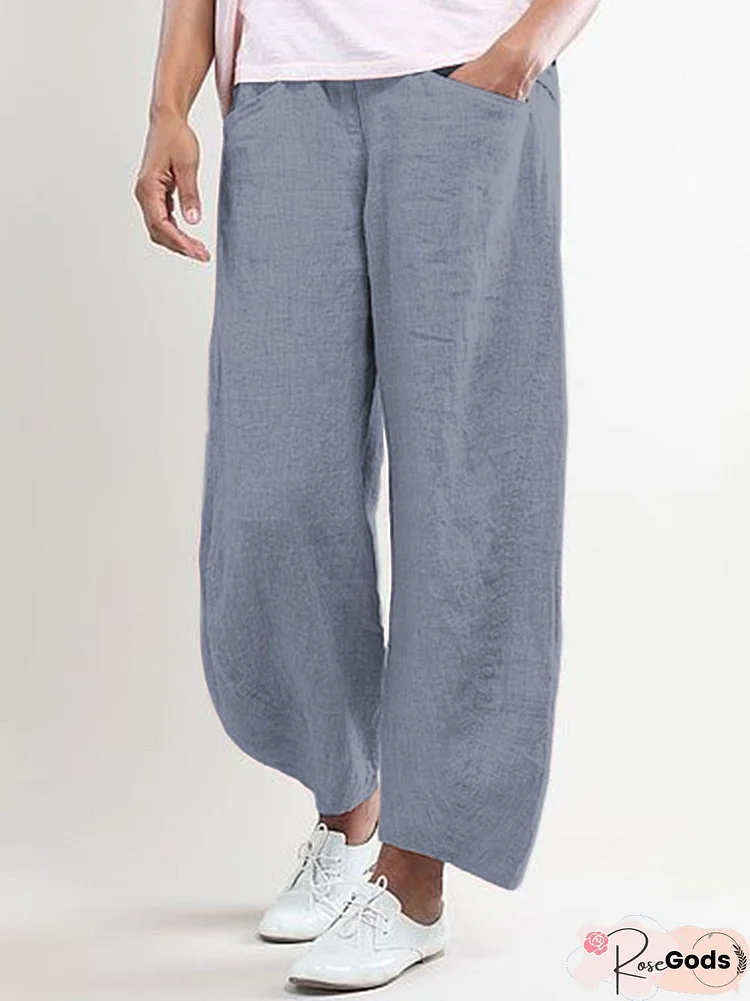 Women Elastic Waist Pockets Cotton Solid Linen Pants