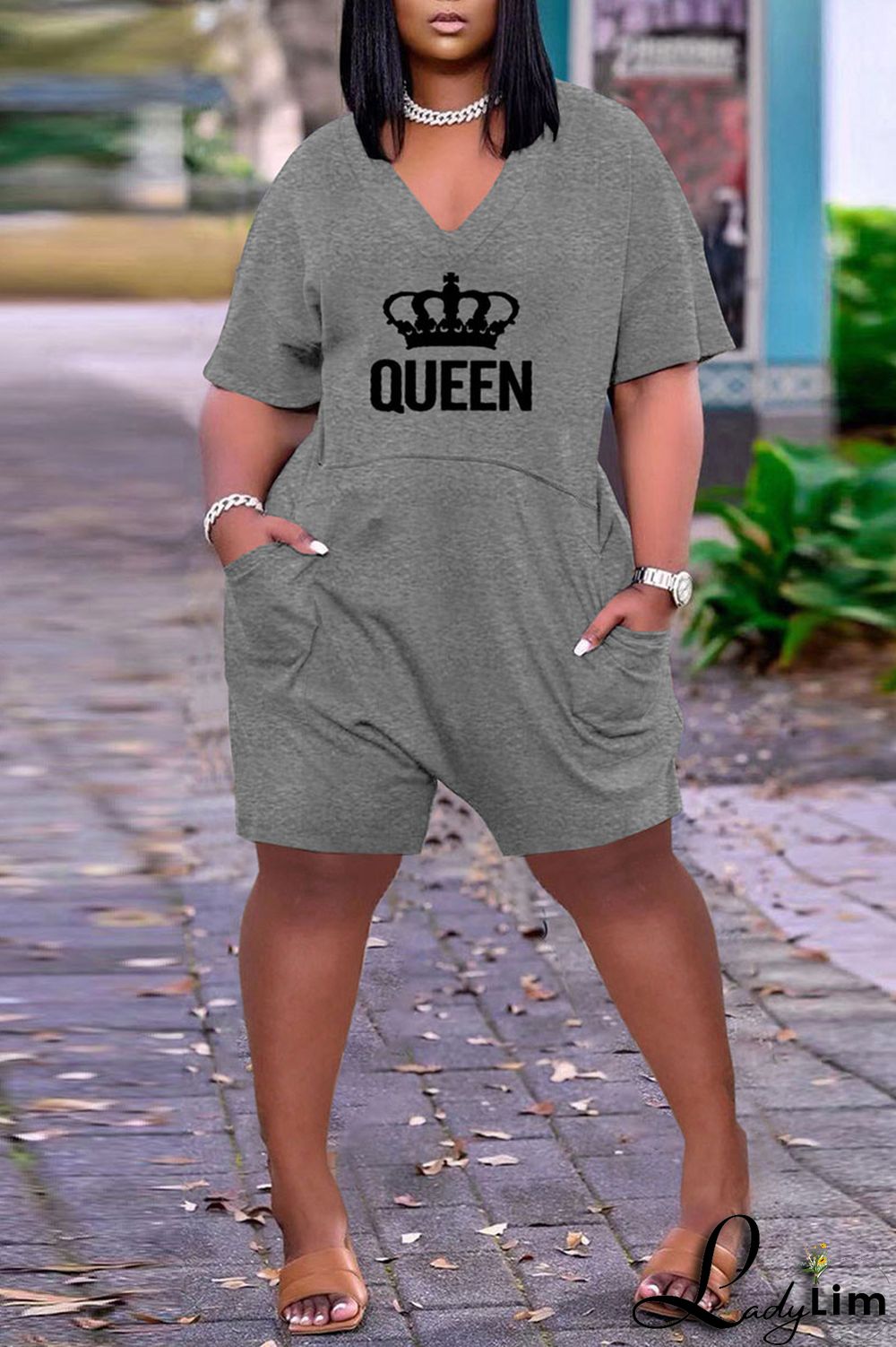 Light Gray Casual Print Split Joint Pocket V Neck Loose Jumpsuits