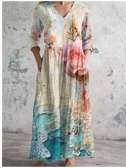 Women's 3/4 Sleeve V-neck Floral Printed Midi Dress