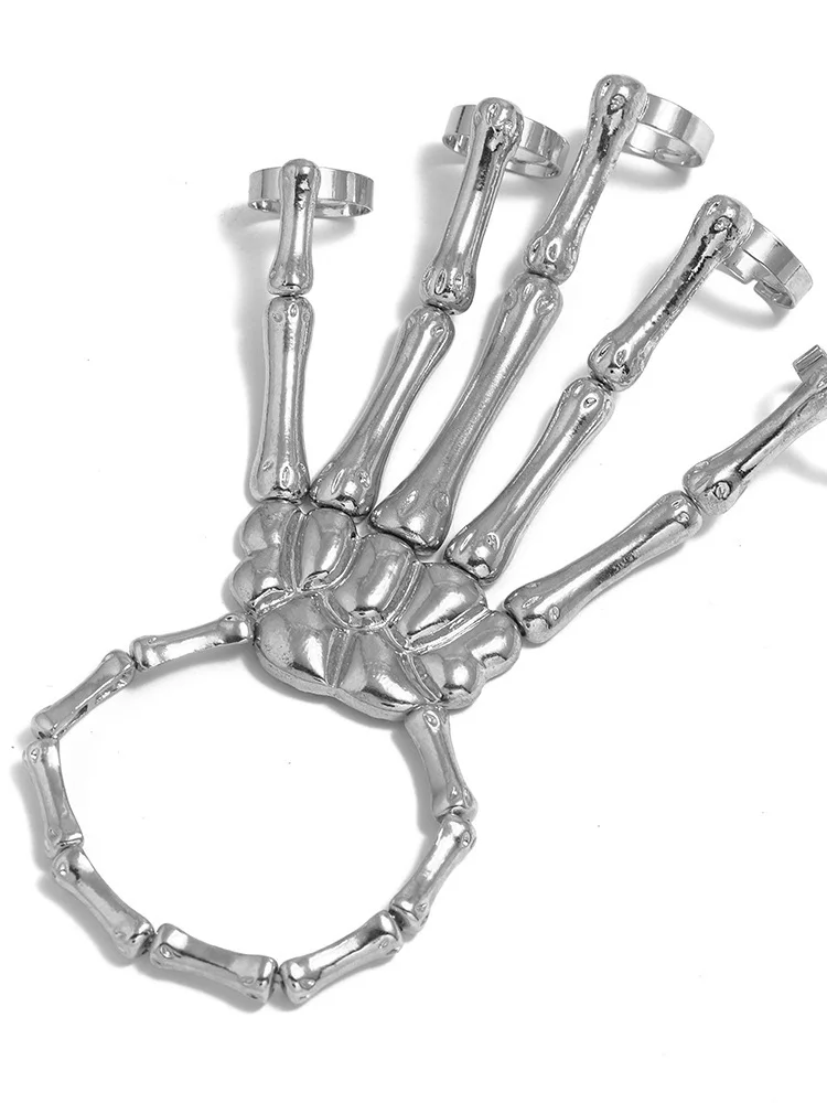 Comstylish Halloween Skeleton Hand Bone Five Finger Ring Bracelet Adjustable Integrated Chain