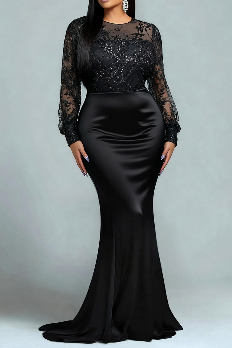 Xpluswear Design Plus Size Formal Sequin Black Round Neck Puff Sleeve Long Sleeve Mermaid Elegant See Through Satin Maxi Dresses [Pre-Order]