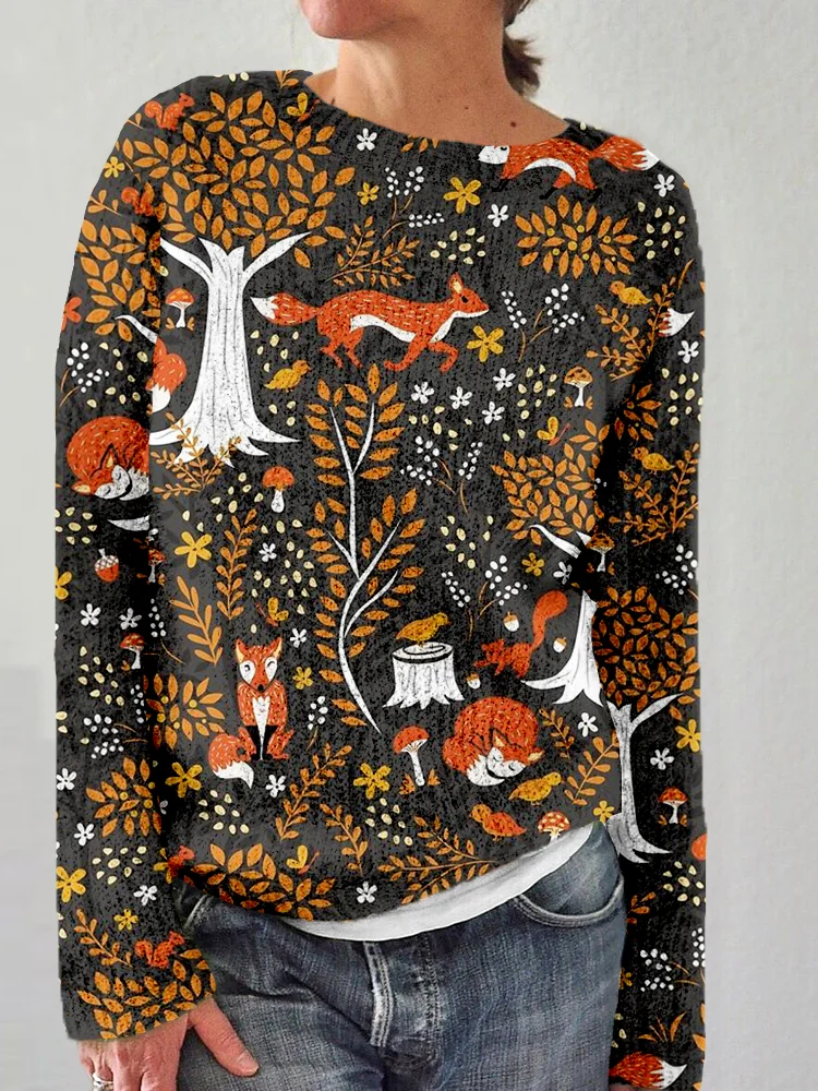 Comstylish Foxes Running in a Forest Pattern Cozy Sweater