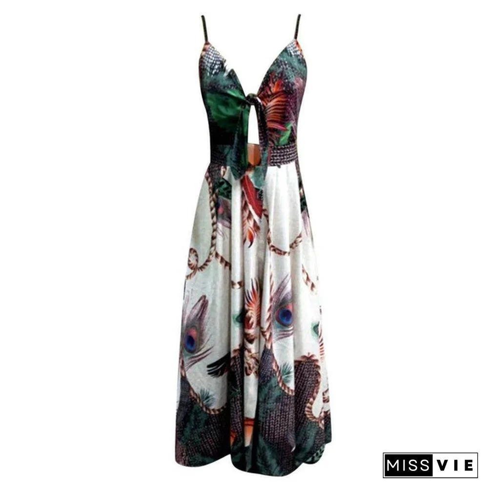 Women Fashion V-neck Tie Waist Floral Sling Dress