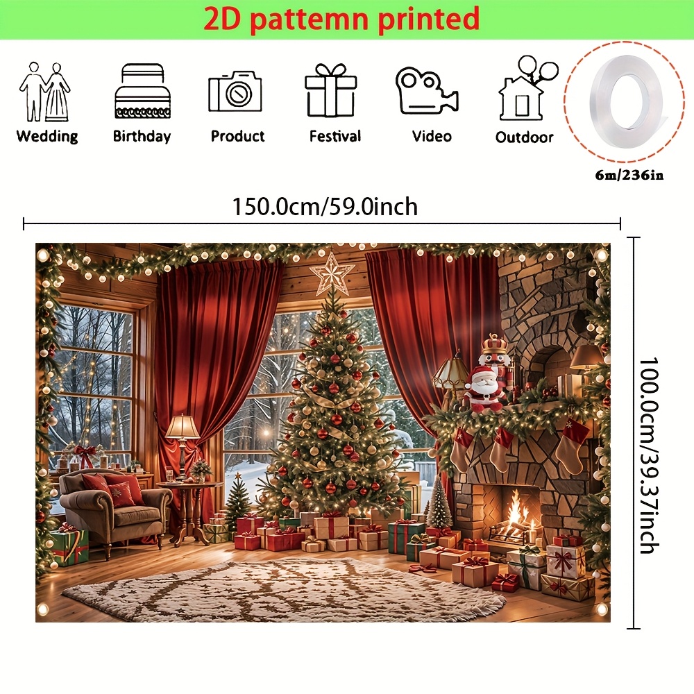 Tegooe Cozy Christmas Fireplace Tree Backdrop Festive Photo Booth Background Banner with Hanging Holes Multi-Size Options