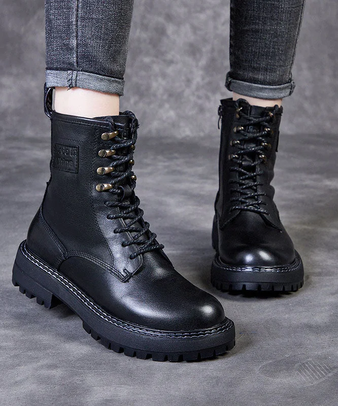 Stylish Lace Up Zippered Boots Black Cowhide Leather