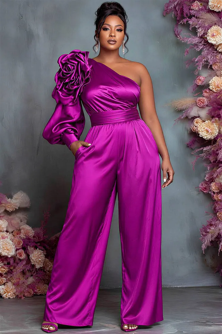 Xpluswear Design Plus Size Formal Elegant Rose Oblique Collar One Shoulder Long Sleeve 3D Pocket Satin Jumpsuits [Pre-Order] 2024 - Xpluswear