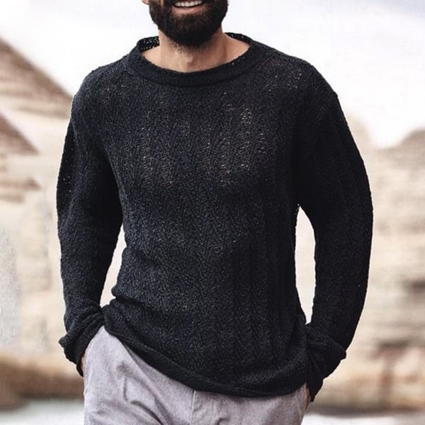 Men's Casual Hollow Fashion Black Crewneck Sweater