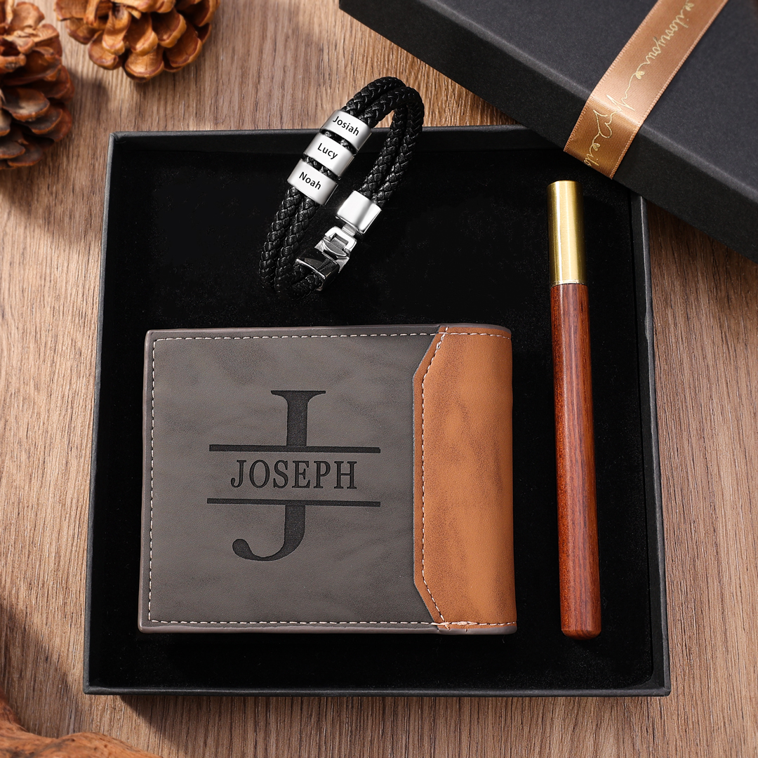 Personalised 1 Photo & 1 Letter & 4 Names Gift Set Custom Wallet & Bracelet & Pen Gift Box Set Father’s Day Gifts