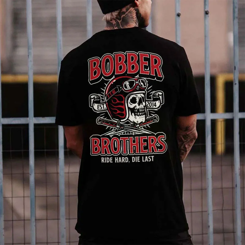 BOBBER BROTHERS RIDE HARD DIE LAST Helmet Skull Print Men's T-shirt