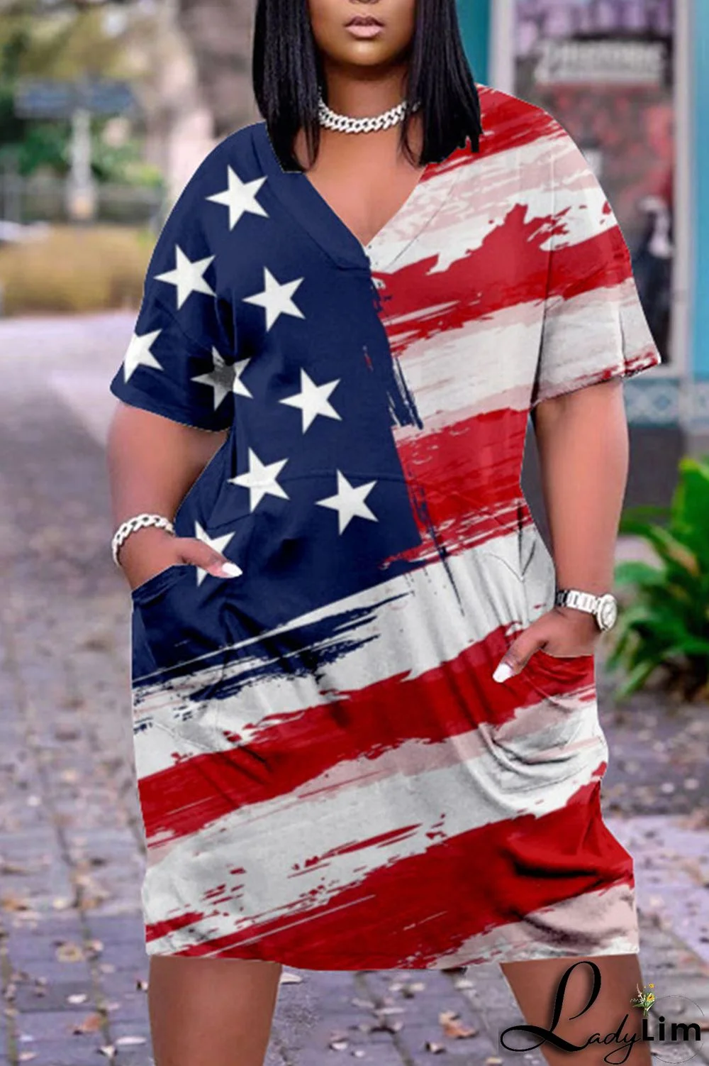 Deep Blue Casual Print Patchwork V Neck Dresses