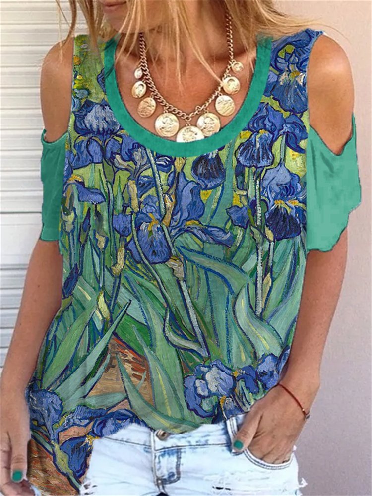 Blue Flowers Patterns Casual Off Shoulder Tees