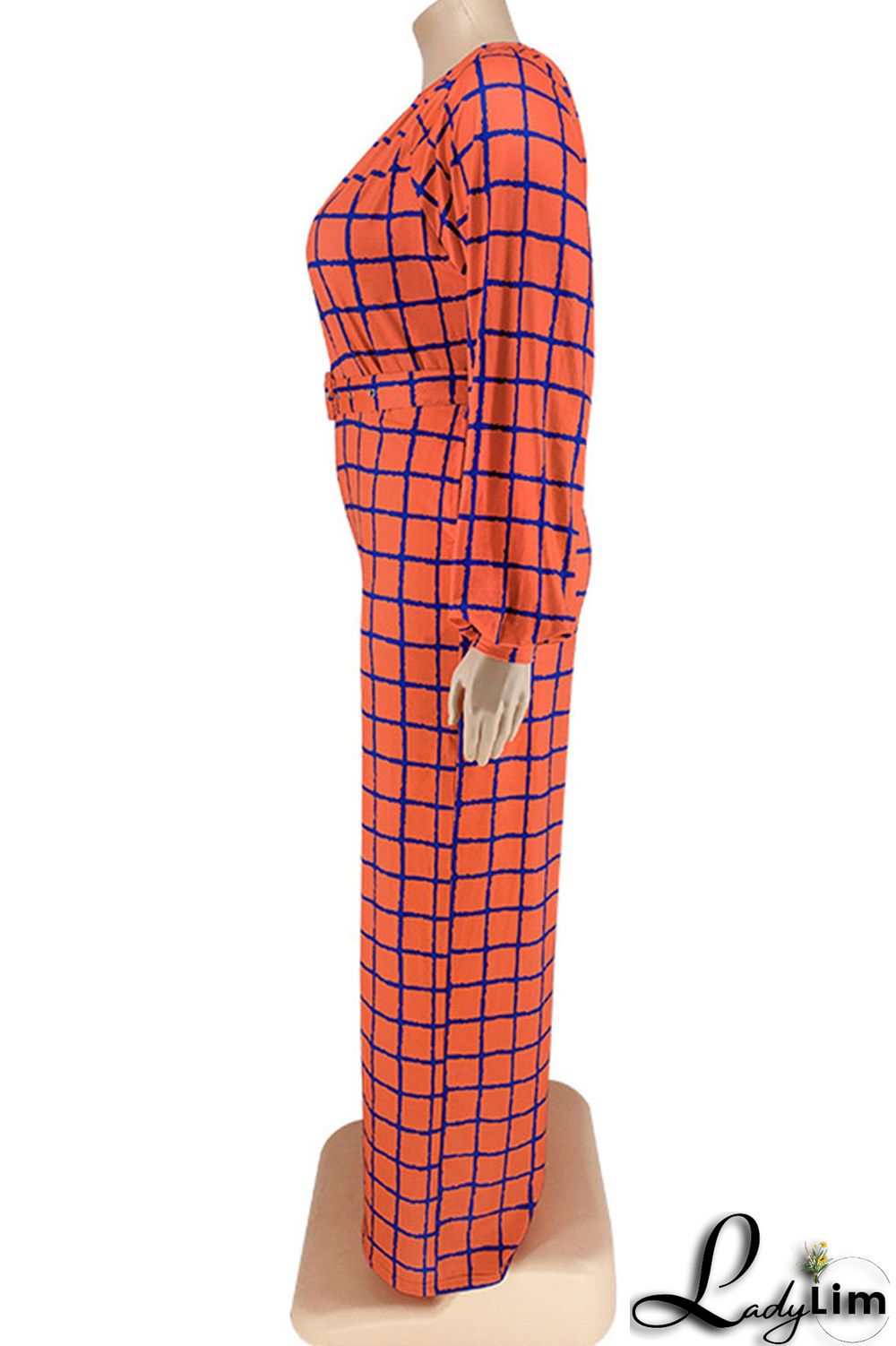 Tangerine Casual Plaid Print Patchwork O Neck Straight Jumpsuits
