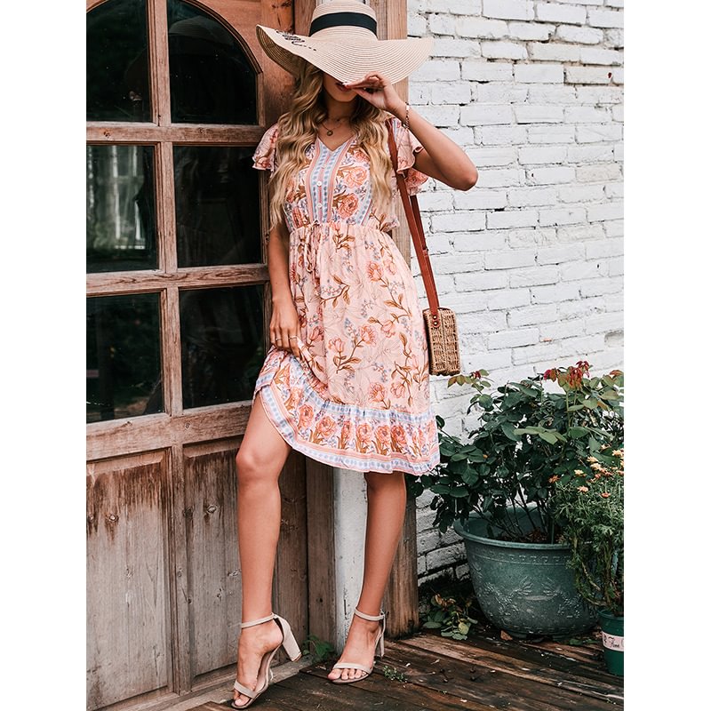 Dress High Waist Short Sleeve V-Neck Long Floral Dress