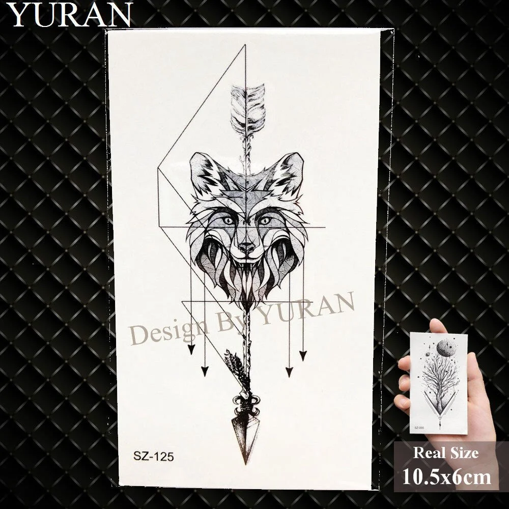 YURAN Black Mountain River Geometric Tattoo Stickers Women Body Arm Moon Temporary Tattoo Men Ankle Wolf Round Fake Tatoo 3D