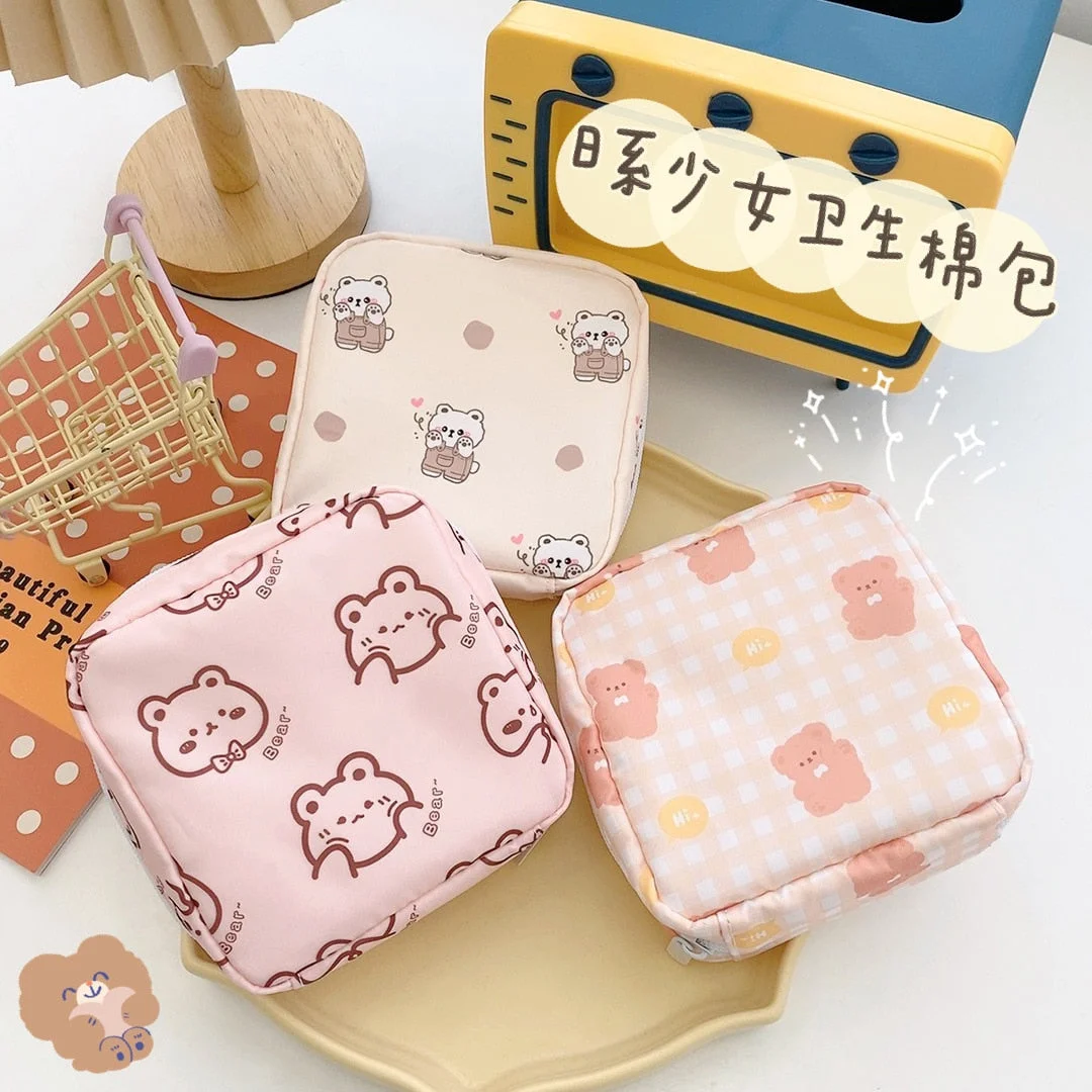 Travel Kawaii Cosmetic Storage Bag For Girls Cute Bear Rabbit Tampon Sanitary Pad Pouch Mini Makeup Earphone Coin Sundries Bags