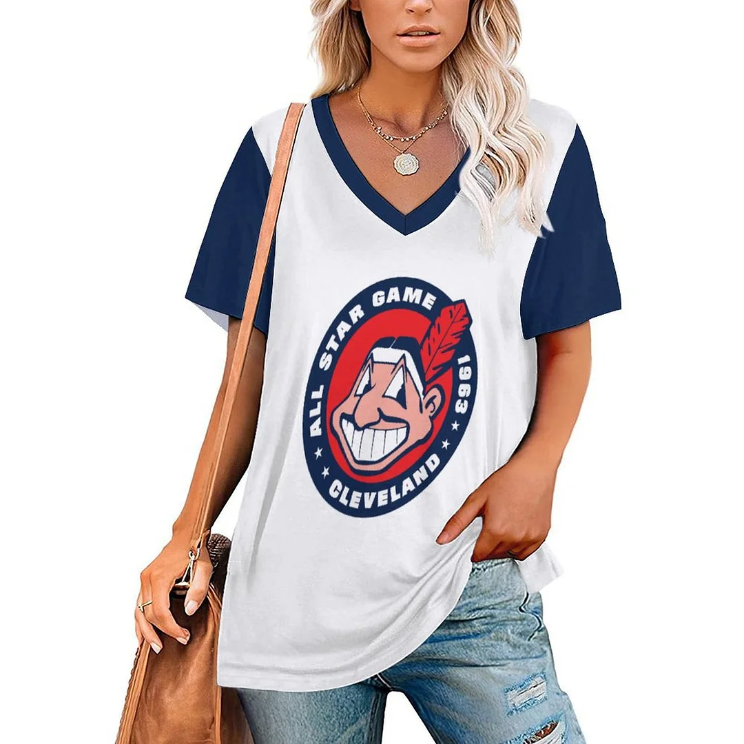 V-neck Short Sleeve Casual T-shirt for  Women Printed with Pattern,Navy,Red,White