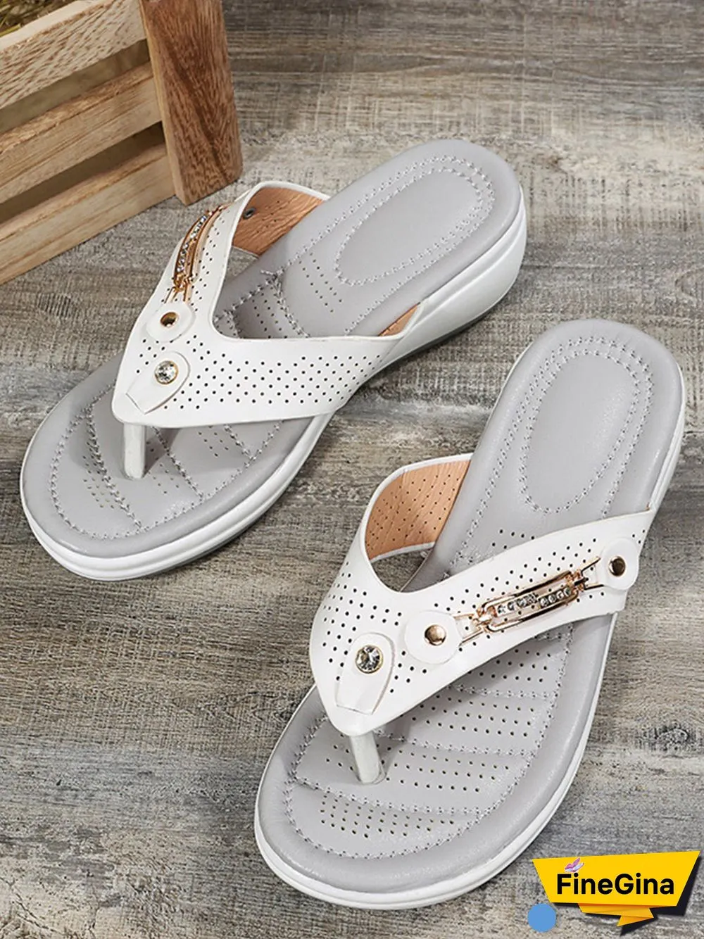 Metal Rhinestone Slope Heel Flip-Flops
